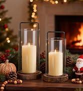 Houmury Set of 2 Hurricane Candle Holders Lantern 12” & 10”with Wood Base Metal Handle Glass Cylinder Modern Farmhouse Decor for Home Decoration, Table Centerpieces (Warm Amber Brown)