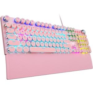 AULA F2088 Typewriter Mechanical Keyboard, Pink Retro Wired Gaming Keyboard with Blue Switches, Rainbow Backlit, Round Keycaps, Media Knob & Removable Wrist Rest Pink