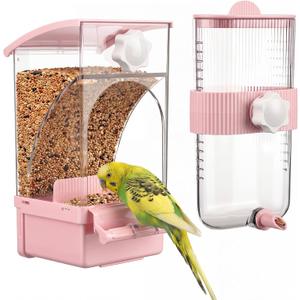Novabright No Mess Bird Feeder Water Dispenser Set, Automatic Transparent Bird Food Container and 12 oz Automatic Water Feeder for Small Birds Parrot, Cockatoo, Canary, Cage, Lovebird, Budgies (Pink)