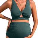 Charmo Maternity Swimsuit Ribbed High Waist Pregnancy Bikini Sets Twist Cutout Front Two Piece Bathing Suit Swimwear XL