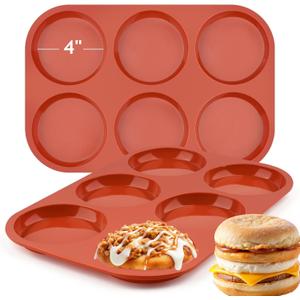 JOERSH 2-PK Silicone Egg Mold Non-Stick 4 Inch Jumbo Size Muffin Top Pan, Large Round Silicone Molds for Baking Hamburger Bun, Egg Bites, Breakfast Sandwiches, Pancakes (2 Pcs: 6-Cup Jumbo)