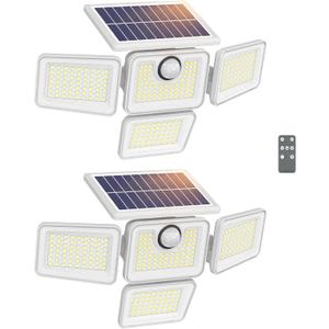 6000LM Solar Lights Outdoor Waterproof, 4 Heads Motion Sensor Outdoor Lights, Solar Flood Lights with Remote Control for Yard House Outside Garage 2 Pack White