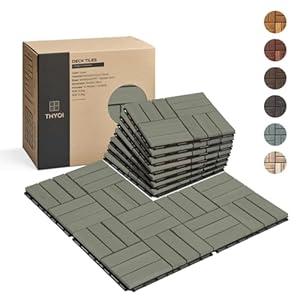 THYOI Premium Deck Tiles, Patio Flooring - Outdoor Waterproof Acacia Wood Tiles for All Weather Use - Balcony, Backyard, Indoor & Outdoor (Square Ft) (10, Green, 12S)