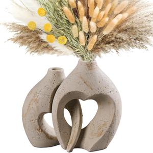 Modern Hollow Vase Set of 2 - Natural Travertine Textured Resin Vases for Flowers, Pampas Grass, Home Decor - Centerpiece for Bathroom, Entryway, Nightstand (8.5 Inches Tall, Heart Design), Beige Travertine 
