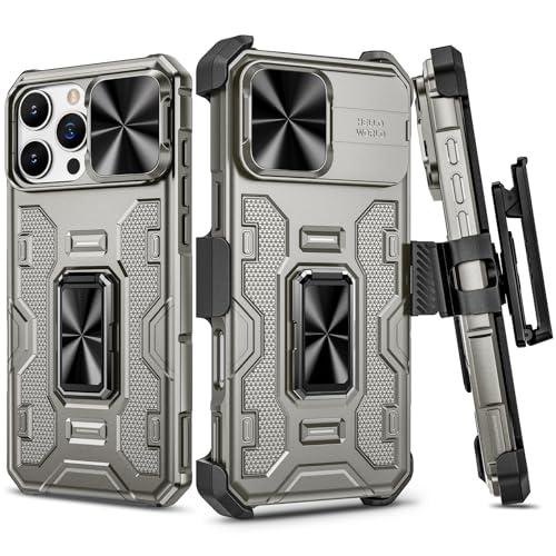 VEGO for iPhone 16 Pro Max Case with Camera Cover, 360°Rotatable Ring Kickstand & Belt Clip Holster Upgraded Military Grade Shockproof Case for iPhone 16 ProMax 5G 6.9 Inch - Titanium