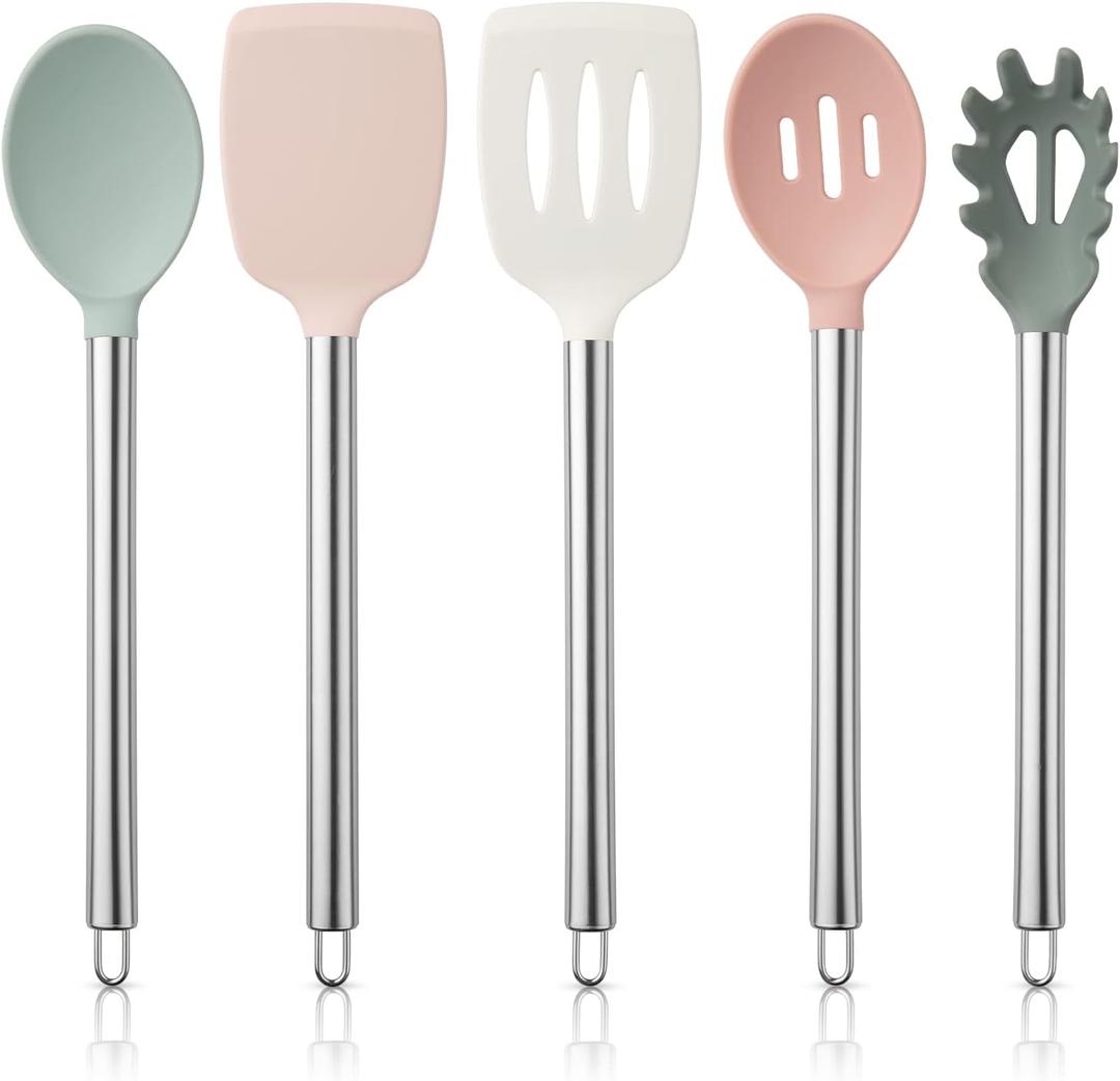 PHANTOM Silicone Cooking Utensils, Kitchen Utensil Set, Easy to Clean Silicone Kitchen Utensils, Cooking Utensils for Nonstick Cookware, Kitchen Gadgets Set, 5 Pieces, Beige
