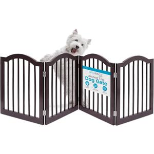 INTERNET'S BEST Arched Top Dog Gate | 4 Panel, 24" H Wooden Pet Barrier for Dogs or Cats | Freestanding Folding Room Divider for Doorways, Hallways, Stairs, and Porch | Portable, Extra Wide | Espresso