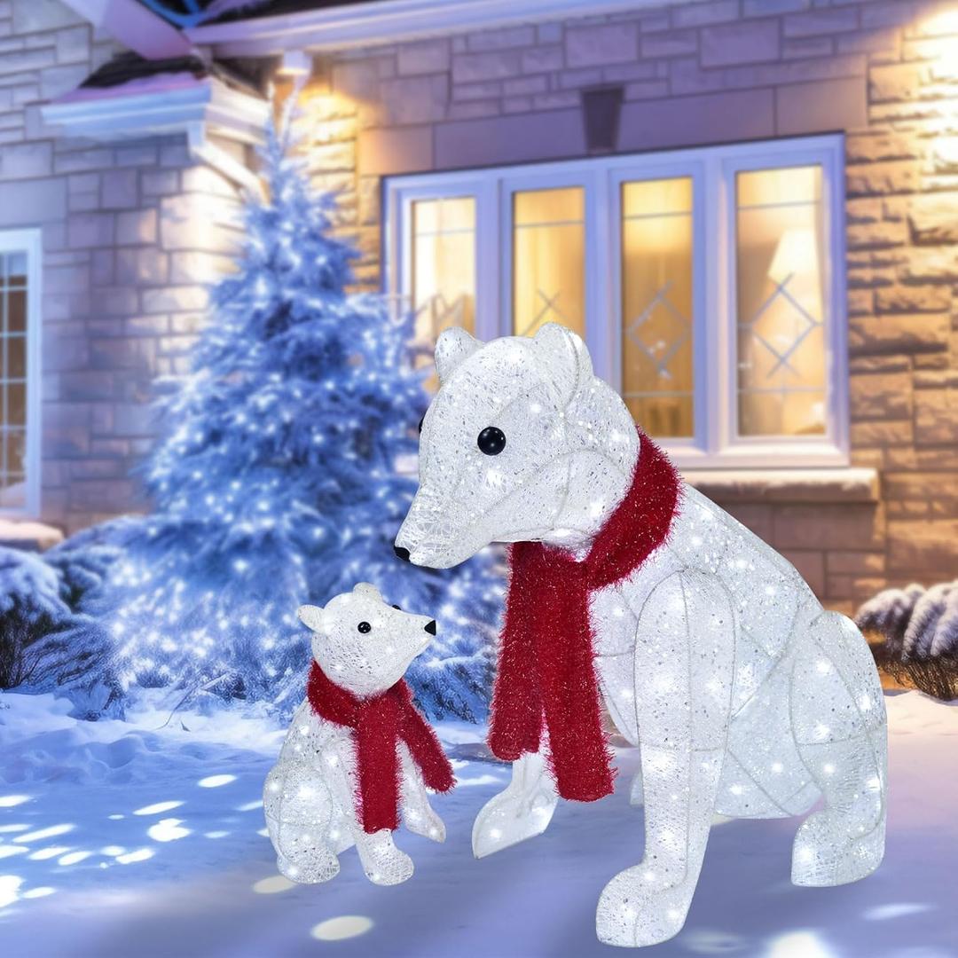 Lighted Polar Bear Family 2PCS - Large All-Weather Pre-Lit Outdoor Christmas Dcor for Front Yard and Lawn with 140 Pre-Strung LED Lights, Zip Ties, Extension Cord, and Ground Stakes - Red/White