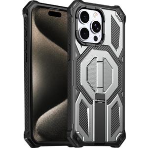for iPhone 15 Pro Max Magnetic Case with Screen Protectors, Grey | Compatible with MagSafe, Concealed Kickstand, 2 Pack Screen Protectors, Military Grade, Double Layer, Shockproof Protection