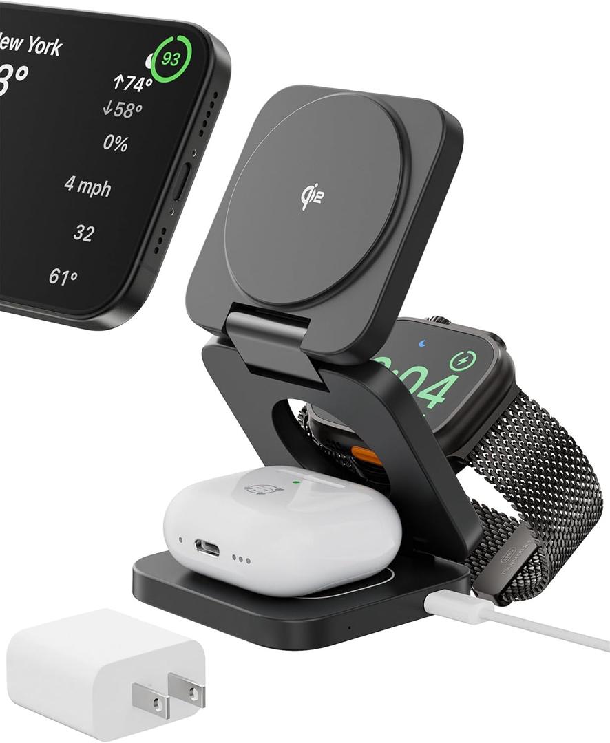 Wireless Charging Station, 3 in 1 Foldable Magnetic Wireless Charger for Apple Device, Qi2 Travel Magnetic Charger Stand for iPhone 16 15 14 13 12 Series, 5W for iWatch & AirPods, 45W Adapter Included
