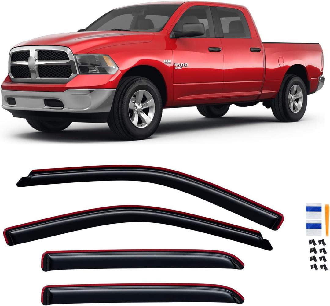 in-Channel Rain Guards for 2009-2018 Dodge Ram 1500 Crew Cab, 2010-2025 Ram 2500 3500 Crew & Mega Cab, 2019-2024 Ram 1500 Classic Crew Cab, Window Visor Shields Vent Deflector Shade Wind Dark Smoke