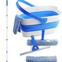 Window Cleaning Kit with Collapsible Bucket 3 Gallon, 14" Window Squeegee and 15" Scrubber with 61" Long Handle, Professional Window Washing Kit Cleaner Tool for Home Outdoor Office Commercial Use