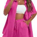 APAFES Women Summer Cotton Linen Short Sets 2 Piece Shorts Top Lounge Beach Vacation Two Piece Outfits Tracksuits (Small, Rosered)