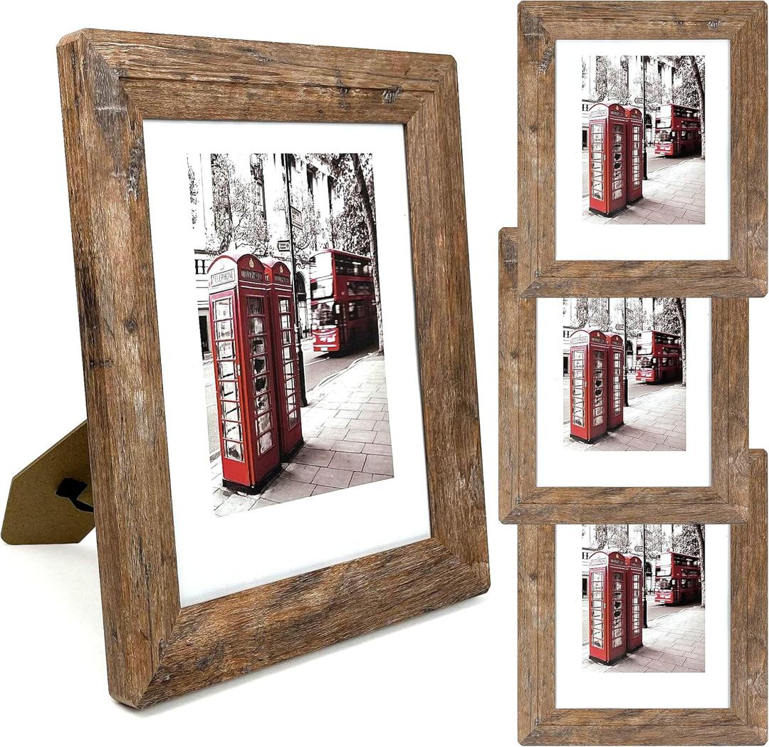 8x10 Picture Frames Set, Set of 4 Wooden Picture Frames Real Tempered Glass and Composite Wooden Rustic Rounded Corners Photo Display for Tabletop Wall Mount (Brown)