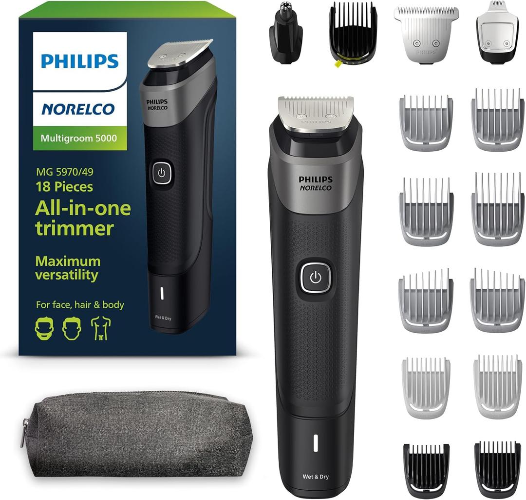 Philips Norelco Multigroom 5000 Series, All-in-One Trimmer, Beard Trimmer and Hair Clipper, 18-Piece Men's Grooming Kit for Beard, Face, Nose, Ear, Body, with Titanium Blades, Travel Pouch, MG5970/49 (MG5970/49 - 18 Pieces + Ti Blades & Bag, Black)