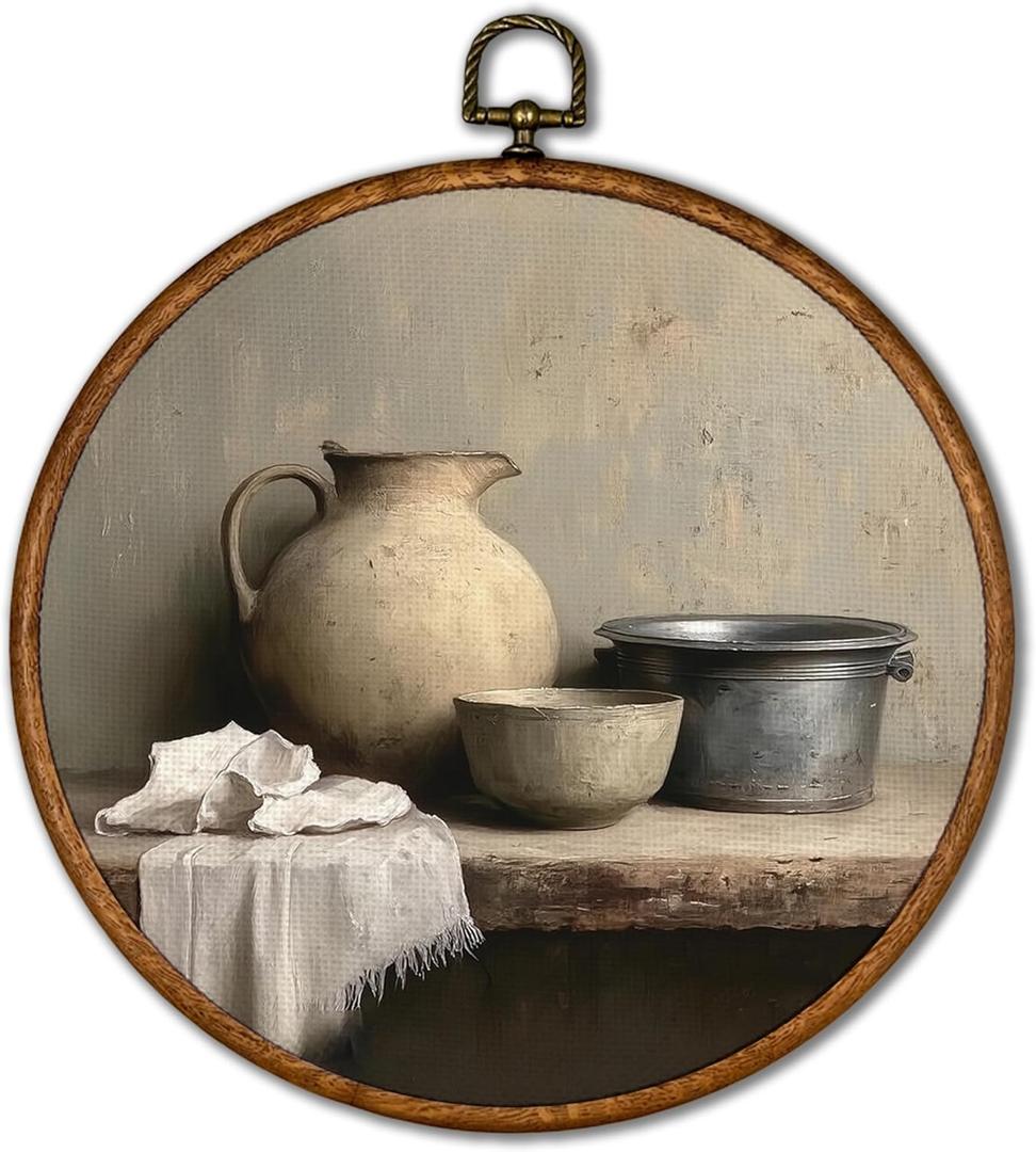KSDUT Vintage Kitchen Wall Decor Art - Retro Food Still Life Country Wall Art Canvas Frame Hanging Prints, Rustic Sourdough Bread Round Wall Art Decor for Home Farmhouse Kitchen Decorations 10"x10",  bread-2