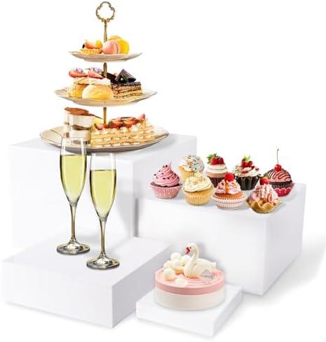 BIEOFFEI Buffet Risers White Food Risers for Buffet Table, Acrylic Food Display Stand Shelf for Catering Dessert Party Decor, Square Cube Display Base with Hollow Bottoms, 3 PCS 5" 6" 7"