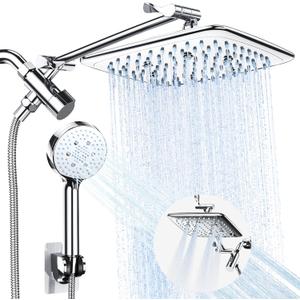 Veken High Pressure Rain Shower Head Combo with Extension Arm  Easy to Install, Adjustable Dual Showerhead with 3 Spray Modes & Anti-Clog Nozzles  Chrome