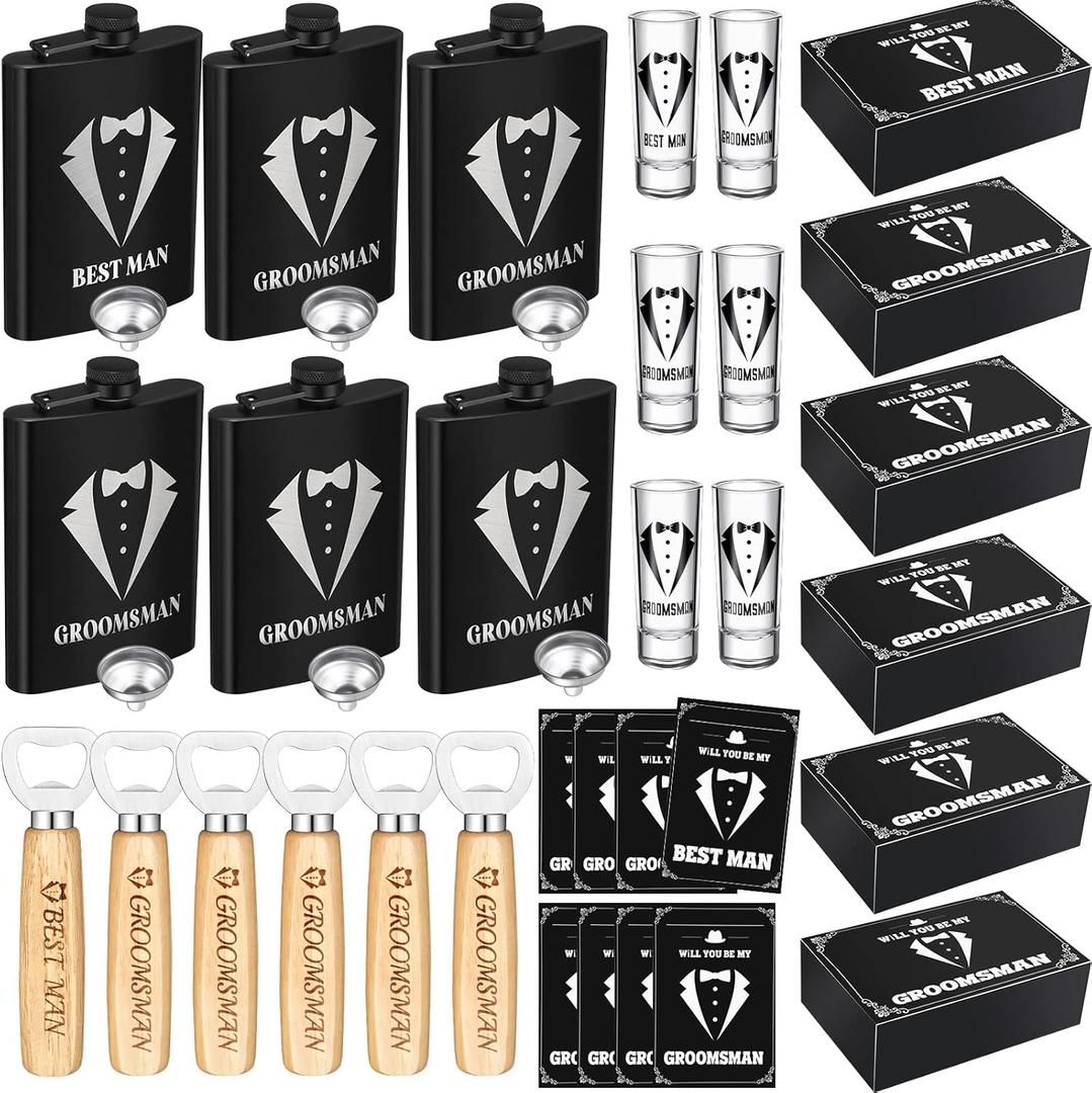 Yaomiao 30 Pcs Groomsmen Gift for Wedding, Including 6 Pcs 8 oz Groomsmen Flask 6 Wooden Bottle Opener 6 Party Favors Shot Glasses 6 Boxes Empty 6 Proposal Cards Best Man Gift