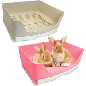kathson 2PCS Large Rabbit Litter Box Trainer, Potty Corner Toilet with Drawer Bigger Pet Pan for Adult Hamster, Guinea Pig, Ferret, Galesaur, Bunny and Other Animals (Pink,Brown)