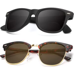 KALIYADI Polarized Sunglasses for Men and Women Semi-Rimless Frame Driving Sun glasses UV Blocking (B12-(2 Pack) Matte Tortoise | Brown | Golden Rim / Matte Black)