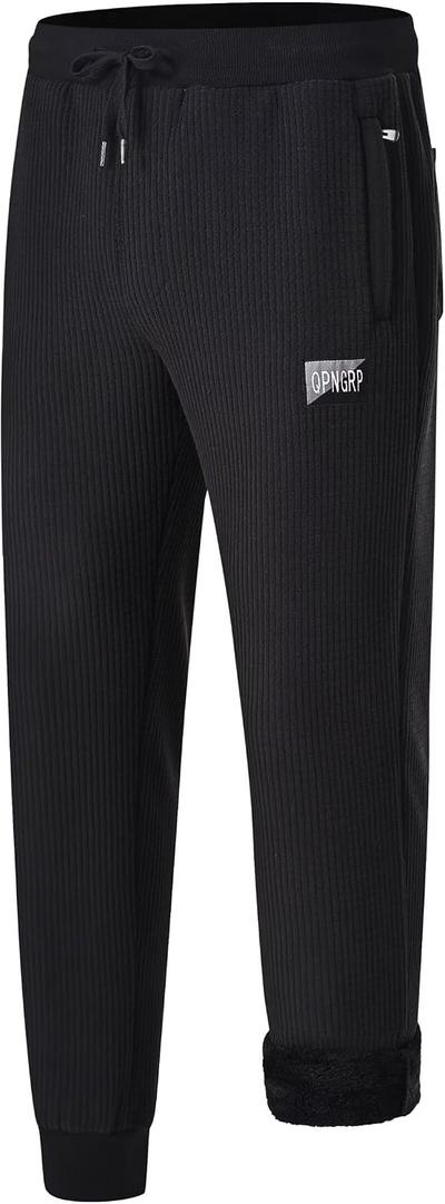 QPNGRP Men's Winter Fleece Lined Stretch Sweat Pants Zipper Pocket (Black, L)