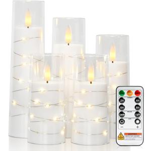 Raycare Flameless Candle with Remote Timer  5 Flickering Acrylic Battery Operated LED Pillar Candles with Embedded Star String for Christmas, Home Decor, and as a Gift(White)