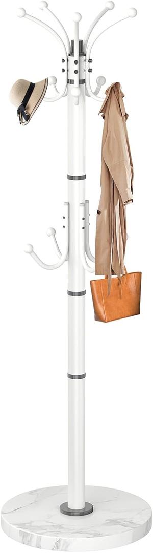 Metal Coat Rack Stand with Natural Marble Base, Modern Coat Rack Freestanding, 360Rotary Coat Racks with 14 Hooks, White Coat Stand Hall Tree Hanger Stand for Entryway, OfficeCorner