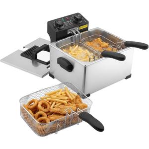 VEVOR Commercial Electric Deep Fryer, 9.51 Qt, 1700W Stainless Steel Countertop Fryer with Large & Small Baskets, Overheat Protection, Temp Control, Timer, Detachable for Home Restaurant Use, Silver