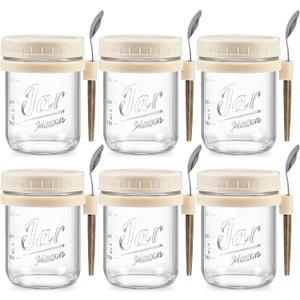 6 Pack Overnight Oats Containers with Lids and Spoons, 16 oz Glass Mason Overnight Oats Jars, Large Capacity Airtight Jars for Milk, Cereal, Fruit(Beige
