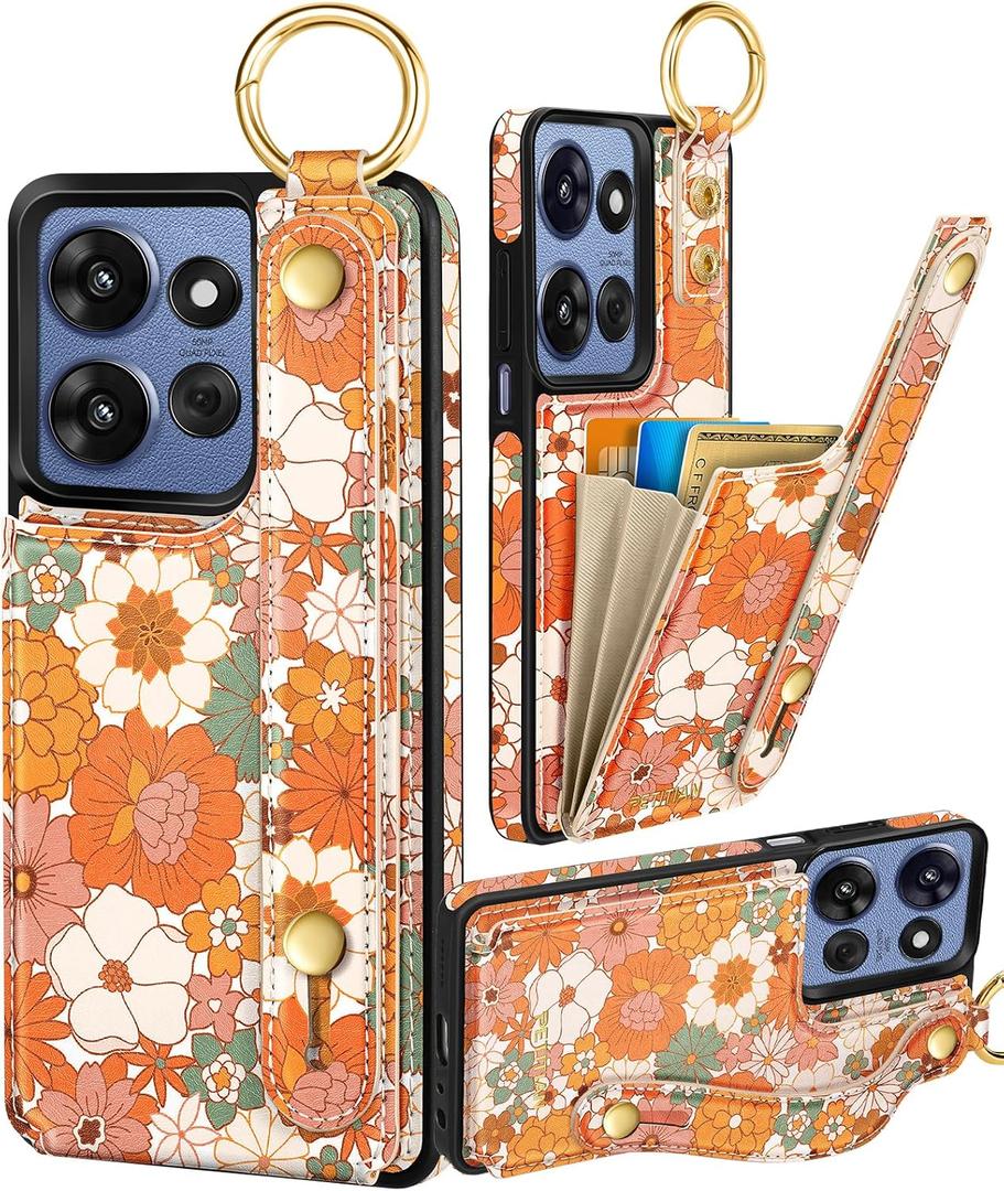 Petitian for Moto G Stylus 5G 2024 Case with Wallet - Women Girls Cute Girly Aesthetic Unique Design Leather Credit Card Holder Cardholder Stand Wristband for Motorola G Stylus 5G 2024, Orange Floral