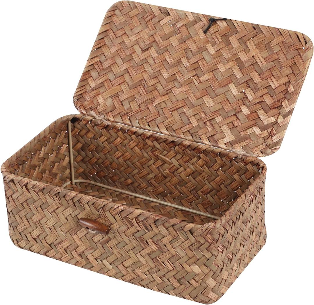FEIALNDUO Wicker Shelf Baskets with Lid,Seagrass Storage Basket Bins Rectangular Handwoven Basket Boxes for Shelves Desktop Home Organizer (Coffee, X-Small)