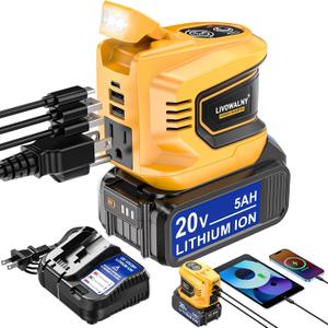 Real 200W Power Inverter Compatible with Dewalt 20V, Battery Inverter DC 20V to AC 110V-120V, LIVOWALNY Power Adapter with a 5AH Battery & a Charging Station & 2 USB-A & 1 Type-C & 1 AC Outlet