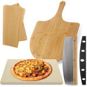 4 PCS Oven Pizza Stone Set, 15 x 12 Inch Large Rectangle Pizza Stone with Wooden Pizza Peel, Pizza Cutter & 10PCS Cooking Paper for Oven & Outdoor Grill, Baking Stone Pan for Pizza, Bread
