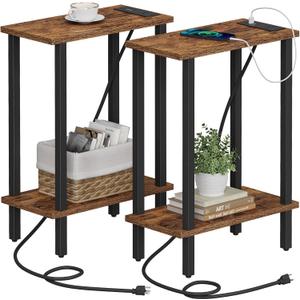 TUTOTAK Small End Table with Charging Station, Narrow Side Table with USB Ports and Outlets, Set of 2, Skinny Sofa Table, Slim Nightstand, Living Room, Bed Room, Brown TB01BB0602 (2-Tier7.9"D x 15.8"W x 22.5"H)