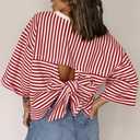 Women's Boho Blouse Red Stripe Bowknot Cutout Back Drop Shoulder Wide Bracelet Sleeve Loose Tee (XL)
