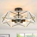 WILON Rustic Semi Flush Mount Ceiling Light, 19.68" Dining Room Light Fixture Oak White 6-Light Industrial Kitchen Lights Farmhouse Chandelier Ceiling Mount for Hallway Kitchen Foyer