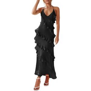 Wenrine Womens Sexy Chiffon Halter Maxi Dress Sleeveless Backless Ruffle Tassel Party Club Dresses (Black) XL