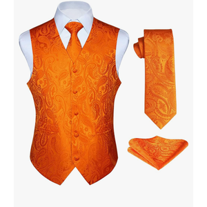 Men's Vest Tie Set Paisley Floral Jacquard Necktie Pocket Square 3PCS Waistcoat for Suit or Tuxedo Wedding Party, Small Size 