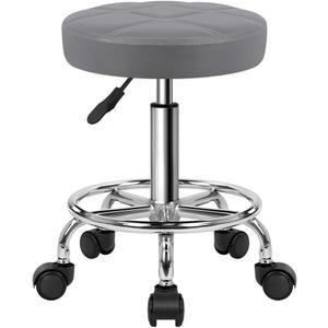 KKTONER Round Rolling Stool Chair PU Leather Height Adjustable Swivel Drafting Work SPA Shop Salon Stools with Wheels Office Chair Small (Gray) (Grey)