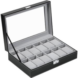 12 Slots Watch Box for Men, Black Watch Box Organizer