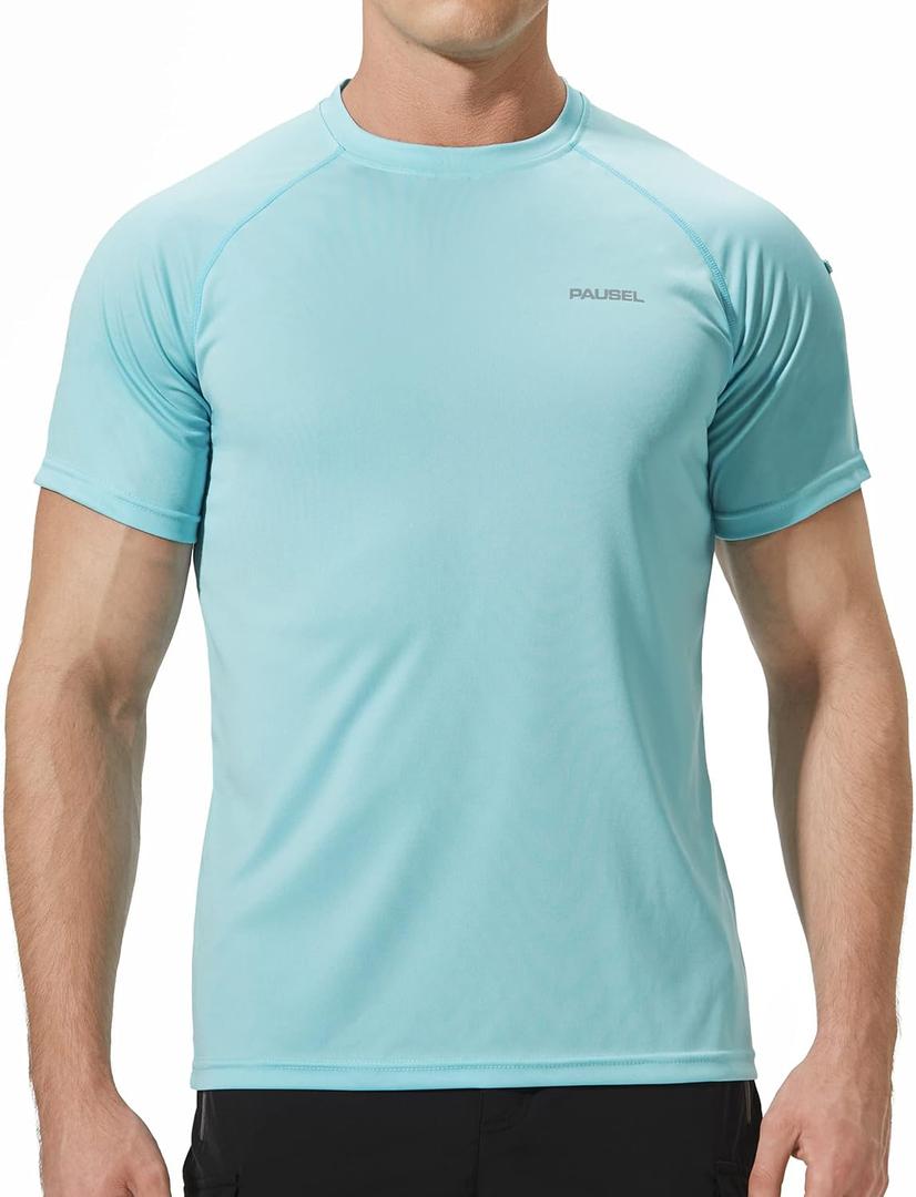 Pausel Men's Rash Guard Swim Shirts Short Sleeve UV Sun Protection Quick Dry UPF 50+ SPF Fishing Beach Water Shirt (Medium, Light Blue)