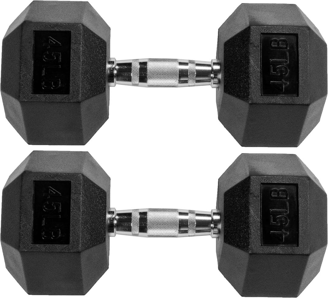 Signature Fitness Rubber Encased Hex Weights Dumbbells Pair, Exercise & Fitness Dumbbells for Home Gym Training (45LB Pair,Midnight Black)
