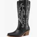 Athlefit Cowboy Boots for Women Vintage Embroidered Country Western Cowgirl Boots Low Chunky Heel Pointed Toe Mid Calf Boots  , 7