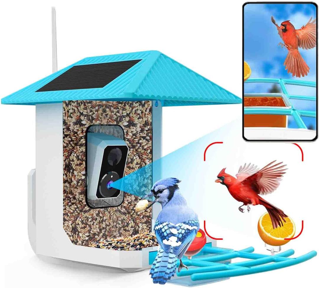 2.5K Smart Bird Feeder with Camera, 5GHz &2.4GHz Birds Watching Camera with AI Identify Bird Species, Outdoor Birds Feeder House with Solar Panel for BirdLovers (Blue)