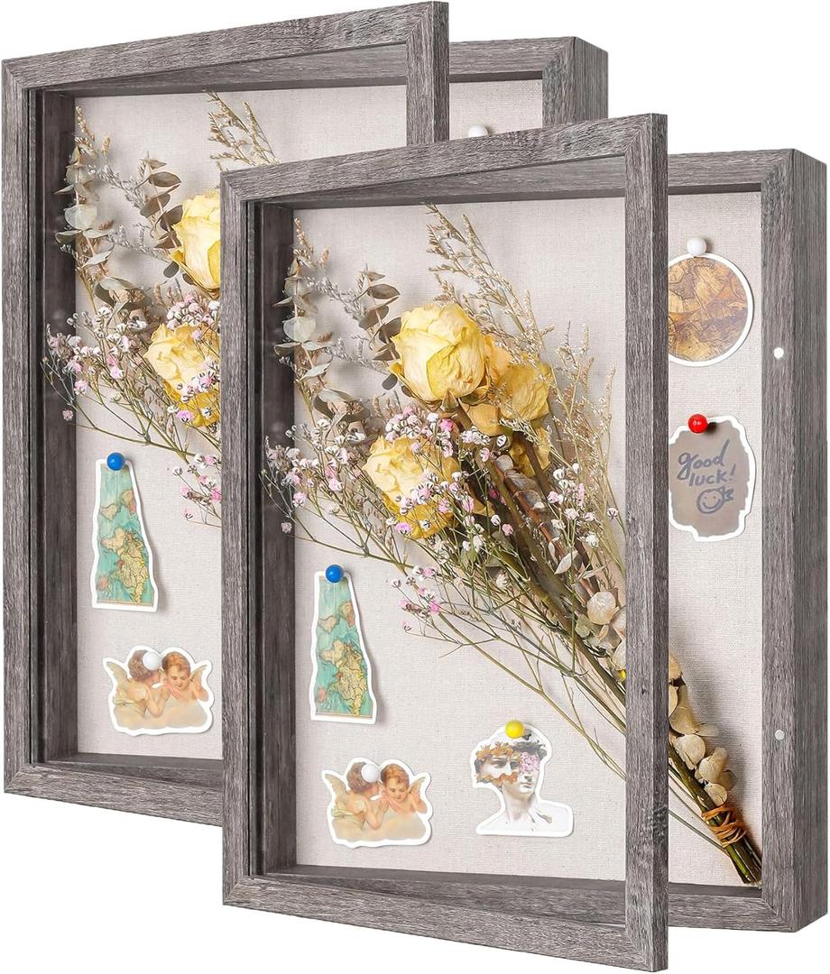 2 Packs 11x14 Shadow Box Frame with Linen Back - Sturdy Rustic Memory Display Case of Flower, Pictures, Medals and More, Rustic Gray