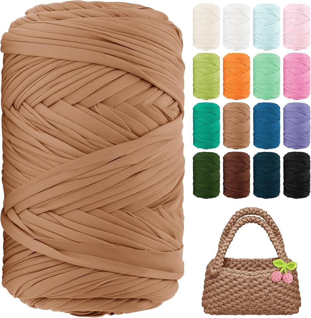 T Shirt Yarn 130 Yards Beginner Crochet Tshirt Yarn 400g Elastic Fabric Thick T-Shirt Yarns for Crocheting, Knitting Bags, Baskets, Rugs, Coasters, DIY Crafts, Home Decor (Khaki)