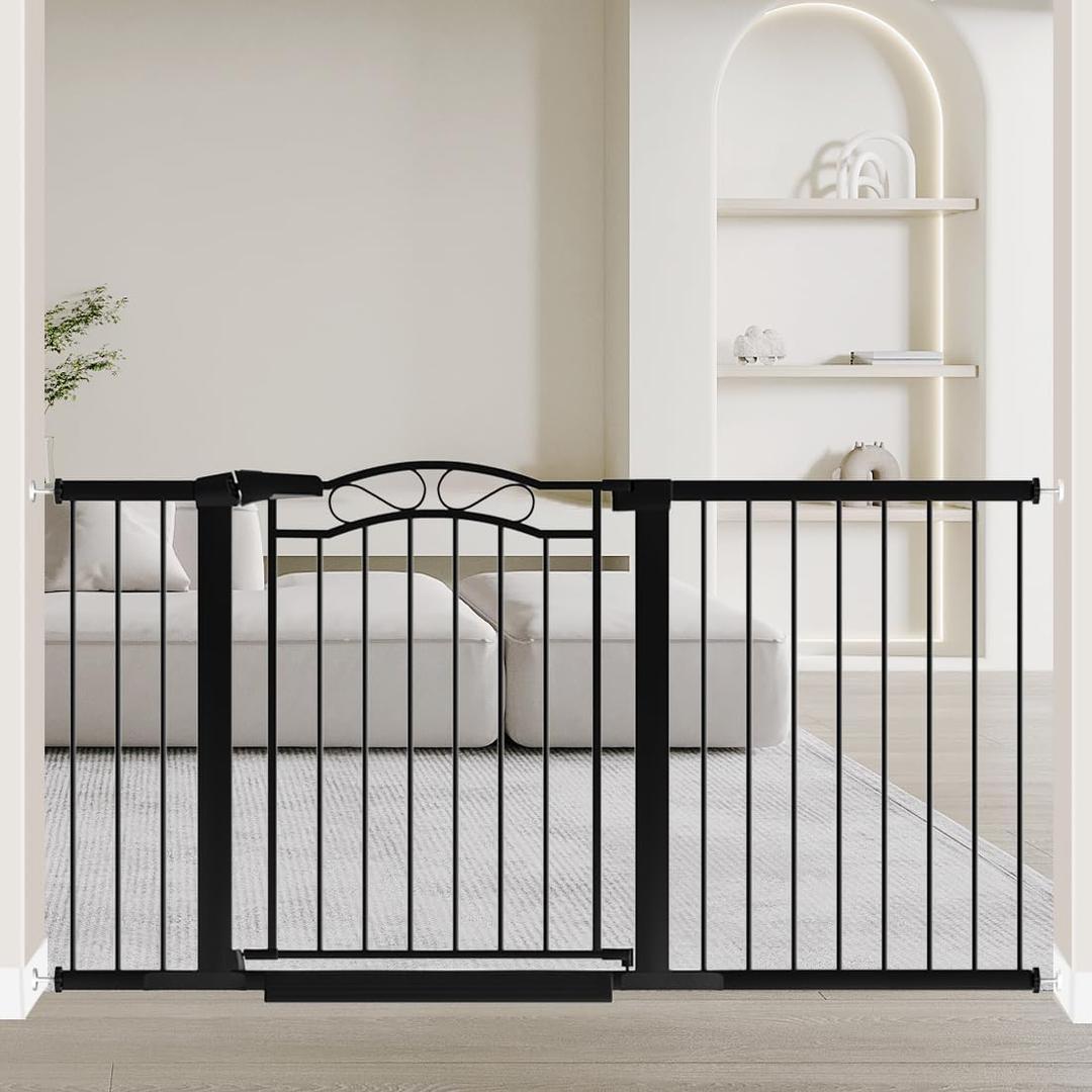 Fairy Baby 59.9"-62.5" Extra Wide Baby Gate with Door, 60 61 62 Inches Walk THR Baby Gates for Stairs Pressure Mounted no Drill, Indoor Tension Metal Child Pet Dog Safety Gate for Kids, Black