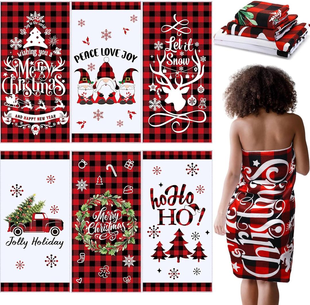 Newwiee 6 Pcs Christmas Bathroom Towel Buffalo Plaid Absorbent Bath Towel Set 60 x 30 Inch Large Pattern for Holiday Beach Shower(Red and Black,Classic Style)