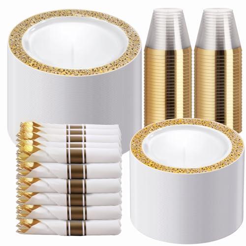 WELLIFE Guests Dinnerware Sets, Gold Plastic Plates，Platos Para Fiestas Elegantes Desechables 182 PIECES